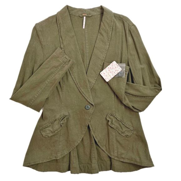 Free People Linen Blazer Shawl Collar Button Front Moss Khaki Green S NWT - Picture 1 of 10